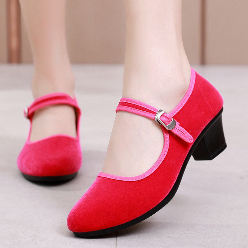 Old Fashion Beijing Black Women's High Heels Pullband Cloth Shoes Dance Shoes Hotel Work Shoes Black Velvet Shallow Mouth Shoes