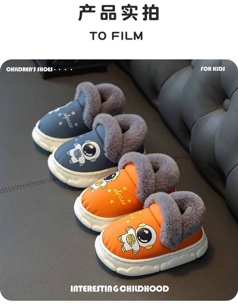 Children's cotton slippers, waterproof PU leather, autumn and winter indoor anti slip, boys' and girls' baby cotton shoes, bag heel, warm and plush