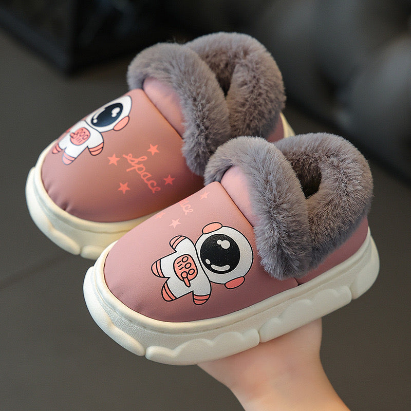 Children's cotton slippers, waterproof PU leather, autumn and winter indoor anti slip, boys' and girls' baby cotton shoes, bag heel, warm and plush