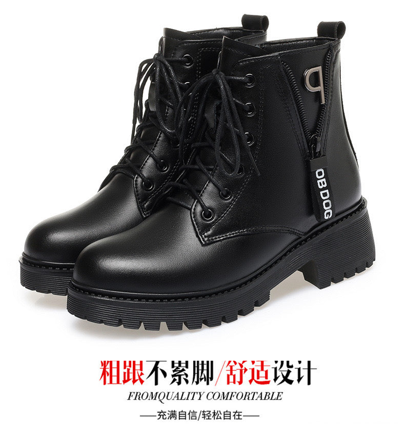 2025 Winter Women's New Short Boots with Thick Wool and Cotton, Flat Bottom, Middle Heel, British Style, Genuine Leather, Martin Boots