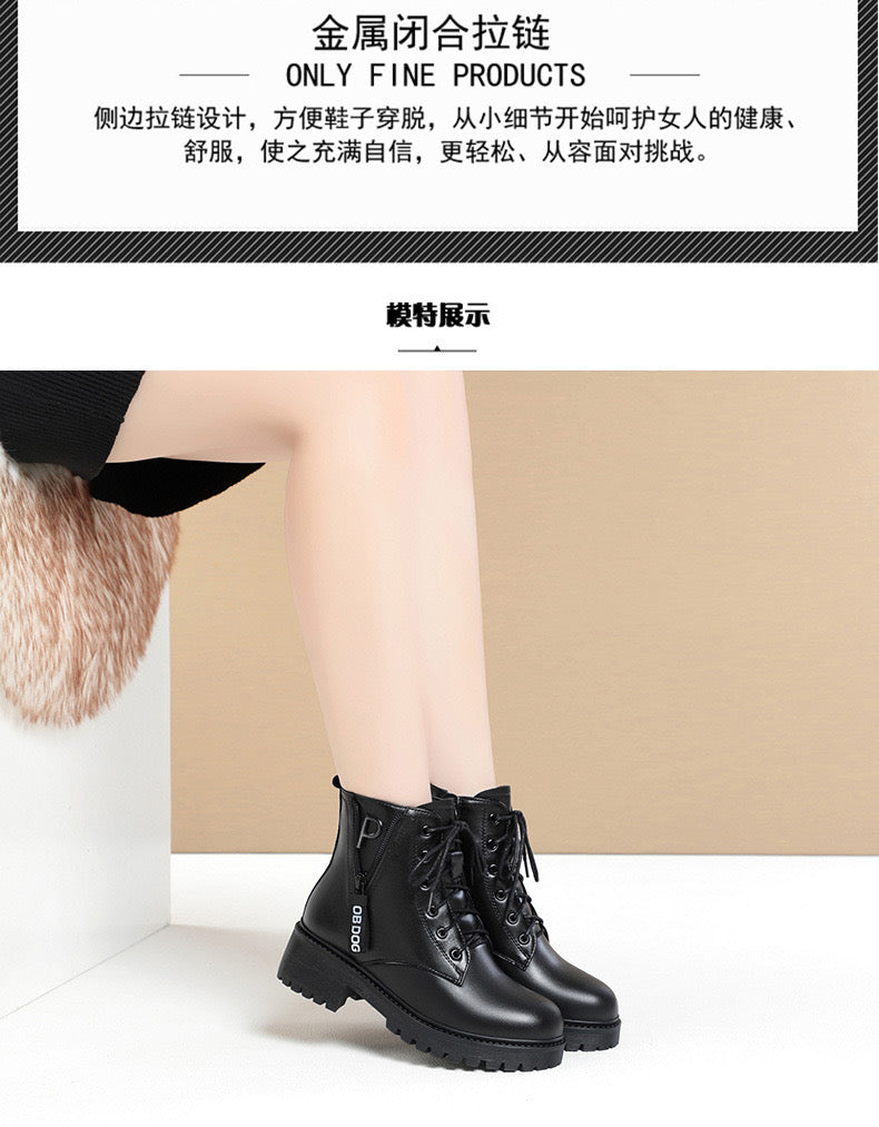 2025 Winter Women's New Short Boots with Thick Wool and Cotton, Flat Bottom, Middle Heel, British Style, Genuine Leather, Martin Boots