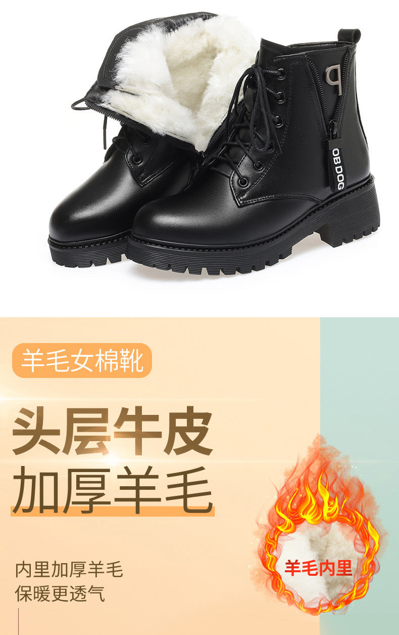 2025 Winter Women's New Short Boots with Thick Wool and Cotton, Flat Bottom, Middle Heel, British Style, Genuine Leather, Martin Boots