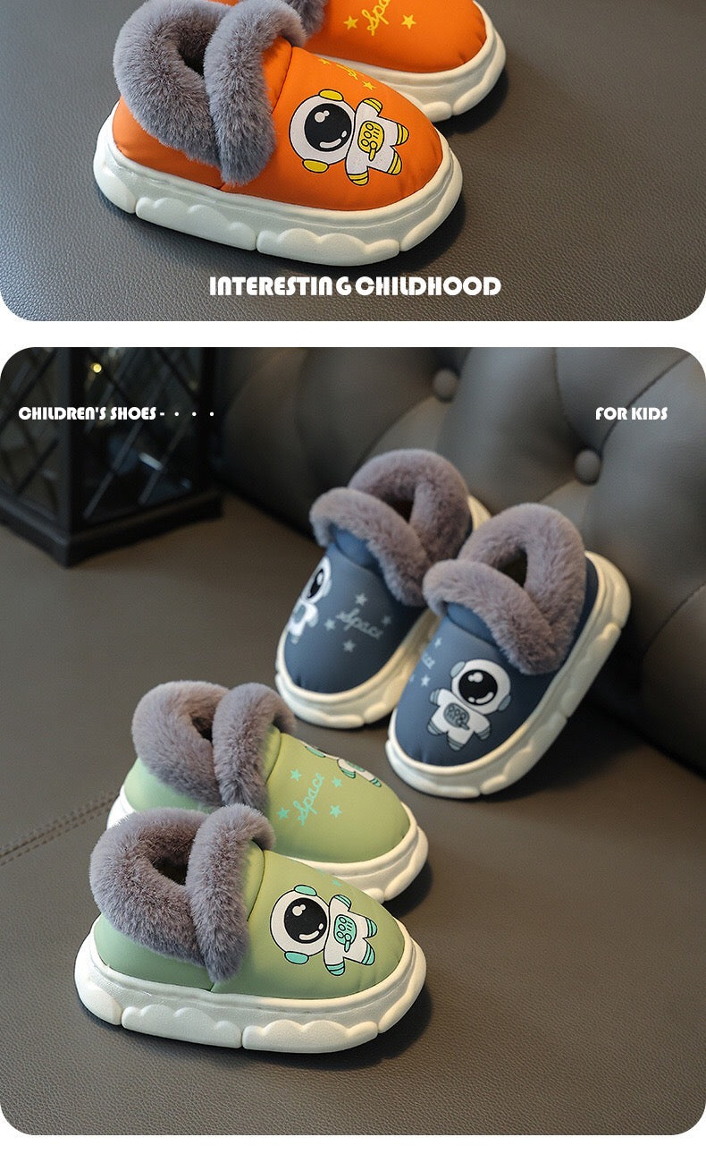 Children's cotton slippers, waterproof PU leather, autumn and winter indoor anti slip, boys' and girls' baby cotton shoes, bag heel, warm and plush