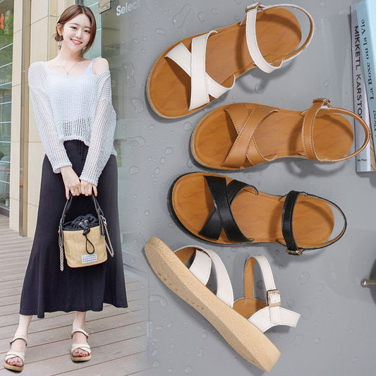 Genuine leather sandals for women's summer 2024 new style summer fashion outerwear flat bottomed student fairy style soft soled beach shoes