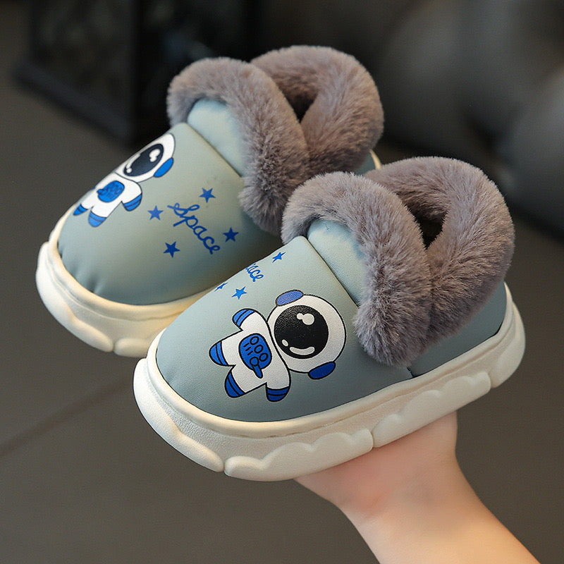 Children's cotton slippers, waterproof PU leather, autumn and winter indoor anti slip, boys' and girls' baby cotton shoes, bag heel, warm and plush