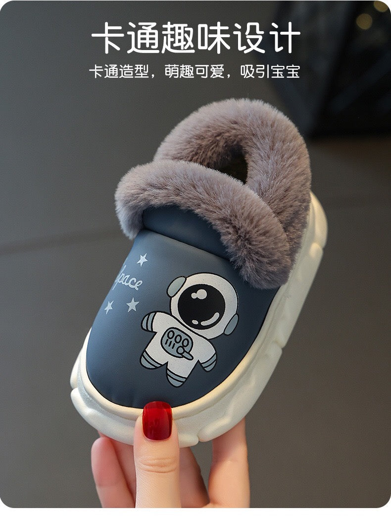 Children's cotton slippers, waterproof PU leather, autumn and winter indoor anti slip, boys' and girls' baby cotton shoes, bag heel, warm and plush