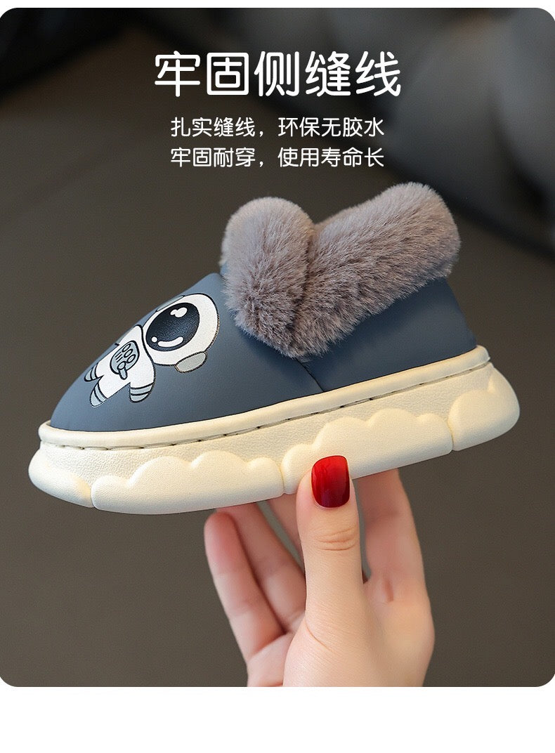 Children's cotton slippers, waterproof PU leather, autumn and winter indoor anti slip, boys' and girls' baby cotton shoes, bag heel, warm and plush