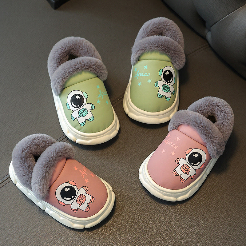 Children's cotton slippers, waterproof PU leather, autumn and winter indoor anti slip, boys' and girls' baby cotton shoes, bag heel, warm and plush