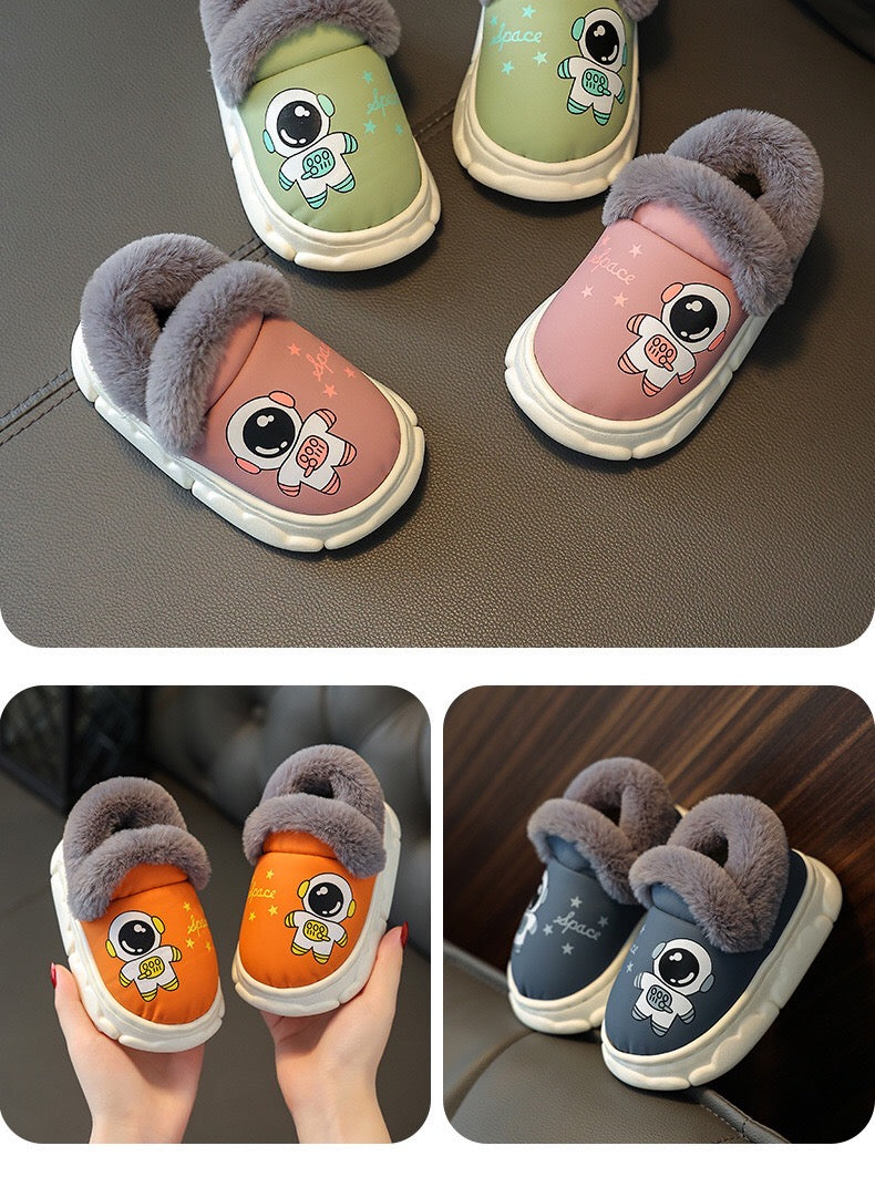 Children's cotton slippers, waterproof PU leather, autumn and winter indoor anti slip, boys' and girls' baby cotton shoes, bag heel, warm and plush