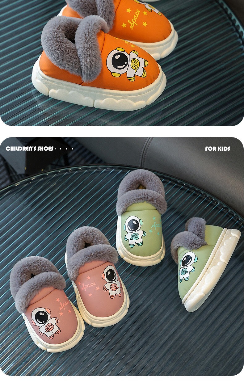 Children's cotton slippers, waterproof PU leather, autumn and winter indoor anti slip, boys' and girls' baby cotton shoes, bag heel, warm and plush