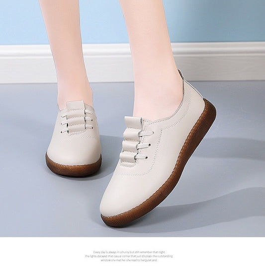 2025 New Bean Shoes Women's Genuine Leather White Shoes Soft soled Single Shoes Hollow Mom Shoes Anti slip Casual Walking Shoes