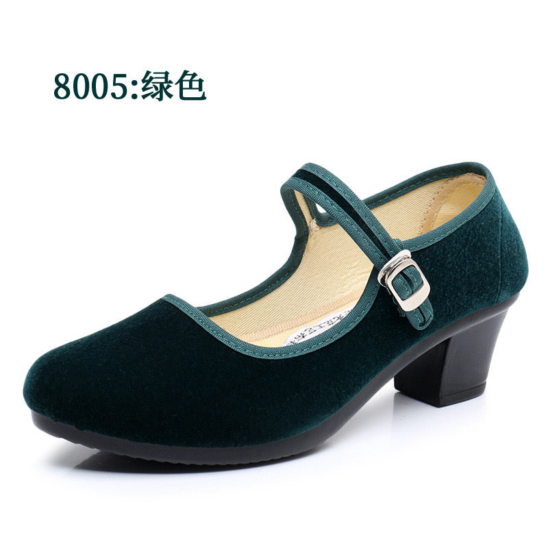 Old Fashion Beijing Black Women's High Heels Pullband Cloth Shoes Dance Shoes Hotel Work Shoes Black Velvet Shallow Mouth Shoes