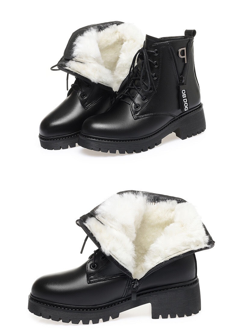 2025 Winter Women's New Short Boots with Thick Wool and Cotton, Flat Bottom, Middle Heel, British Style, Genuine Leather, Martin Boots