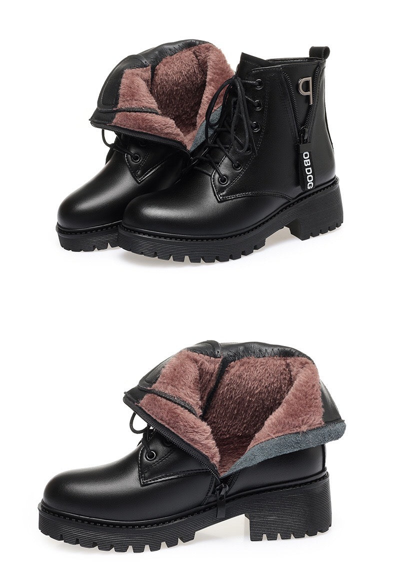 2025 Winter Women's New Short Boots with Thick Wool and Cotton, Flat Bottom, Middle Heel, British Style, Genuine Leather, Martin Boots