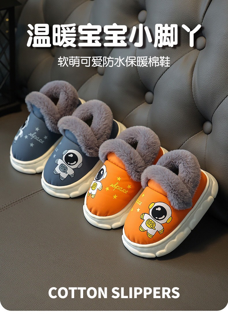 Children's cotton slippers, waterproof PU leather, autumn and winter indoor anti slip, boys' and girls' baby cotton shoes, bag heel, warm and plush