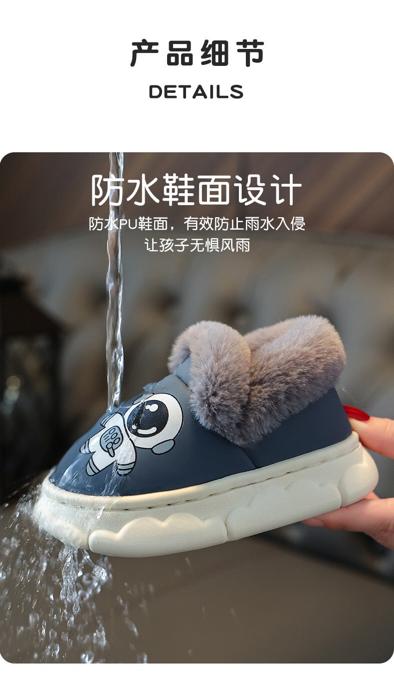 Children's cotton slippers, waterproof PU leather, autumn and winter indoor anti slip, boys' and girls' baby cotton shoes, bag heel, warm and plush