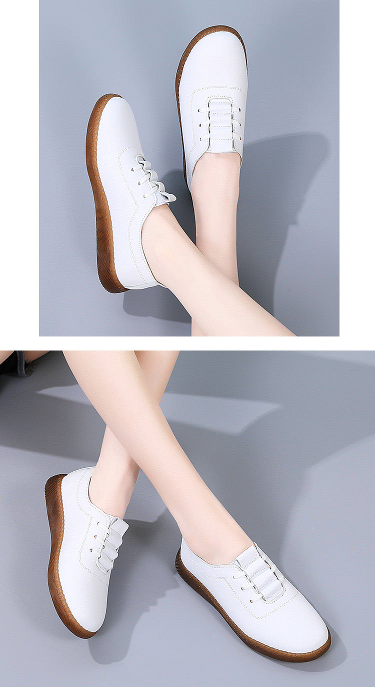 2025 New Bean Shoes Women's Genuine Leather White Shoes Soft soled Single Shoes Hollow Mom Shoes Anti slip Casual Walking Shoes