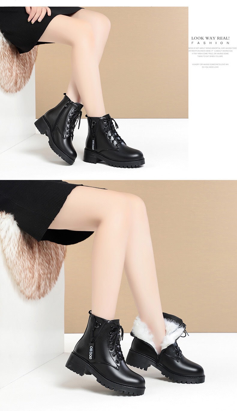 2025 Winter Women's New Short Boots with Thick Wool and Cotton, Flat Bottom, Middle Heel, British Style, Genuine Leather, Martin Boots