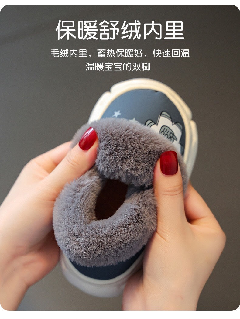 Children's cotton slippers, waterproof PU leather, autumn and winter indoor anti slip, boys' and girls' baby cotton shoes, bag heel, warm and plush