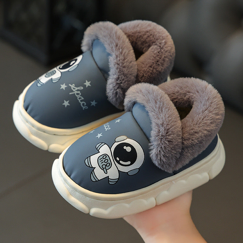 Children's cotton slippers, waterproof PU leather, autumn and winter indoor anti slip, boys' and girls' baby cotton shoes, bag heel, warm and plush