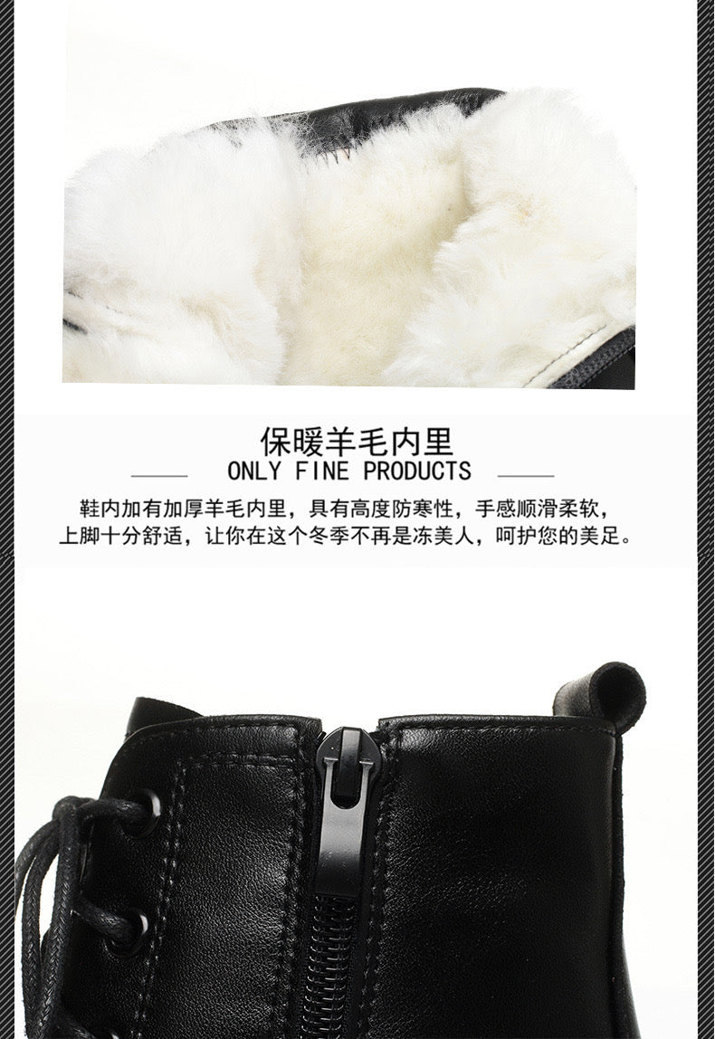 2025 Winter Women's New Short Boots with Thick Wool and Cotton, Flat Bottom, Middle Heel, British Style, Genuine Leather, Martin Boots