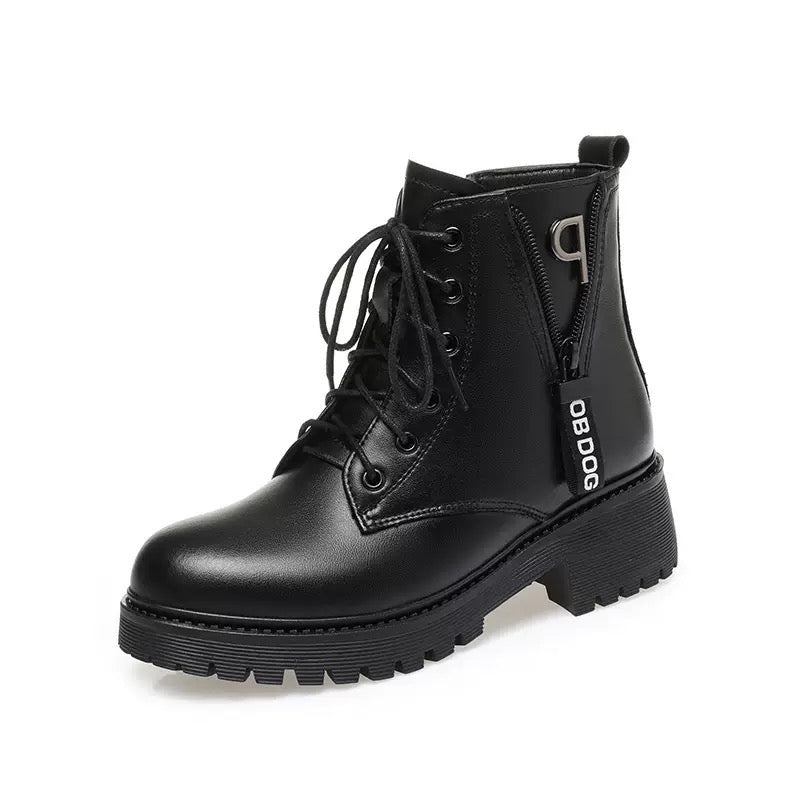 2025 Winter Women's New Short Boots with Thick Wool and Cotton, Flat Bottom, Middle Heel, British Style, Genuine Leather, Martin Boots