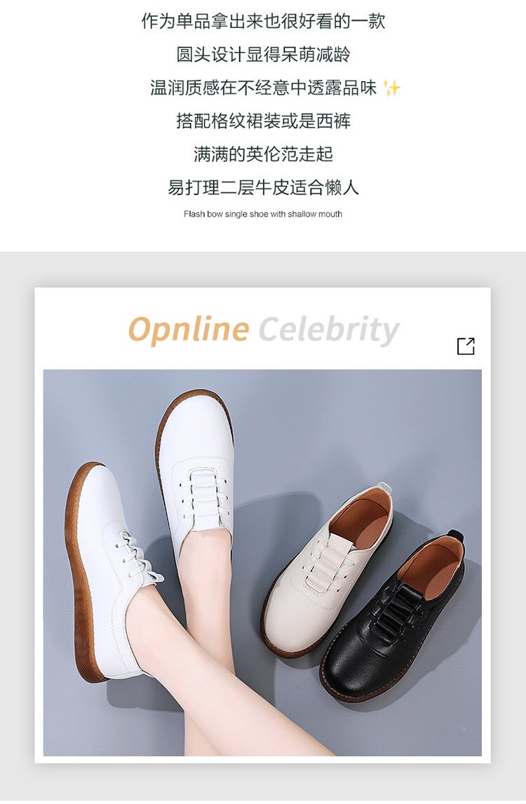 2025 New Bean Shoes Women's Genuine Leather White Shoes Soft soled Single Shoes Hollow Mom Shoes Anti slip Casual Walking Shoes